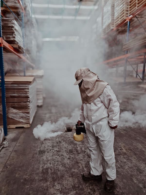Pest controller in a protective suit fumigating a warehouse